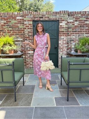 Fox & Hen Pink Floral Midi Dress with Ruffle Neck